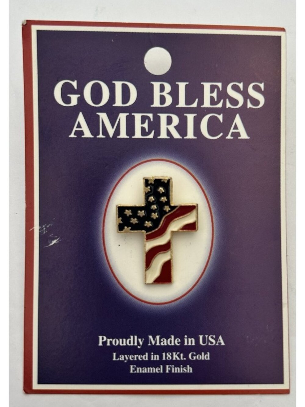 New Vintage God Bless America 18k Gold Layered US Flag Cross Pin USA Patriotic